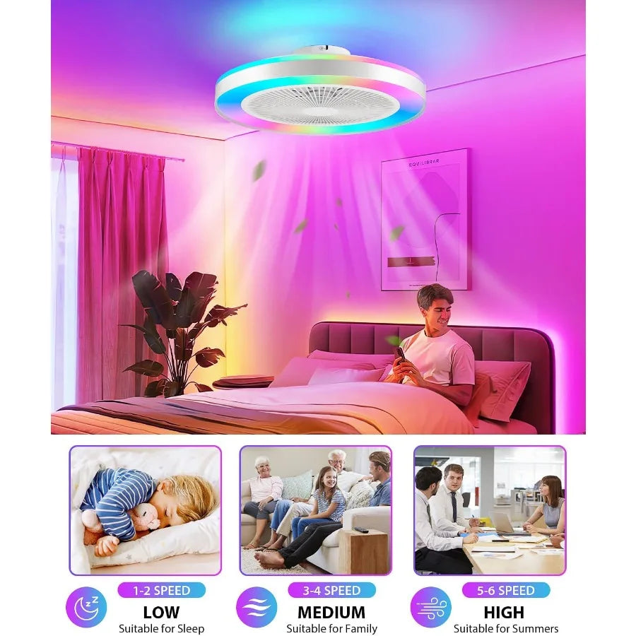 2in1 Low Profile Ceiling Fan with Light 20 Caged Safety Design for RGB Color Smart APP Remote Control Quiet Flush Mount DC Moto