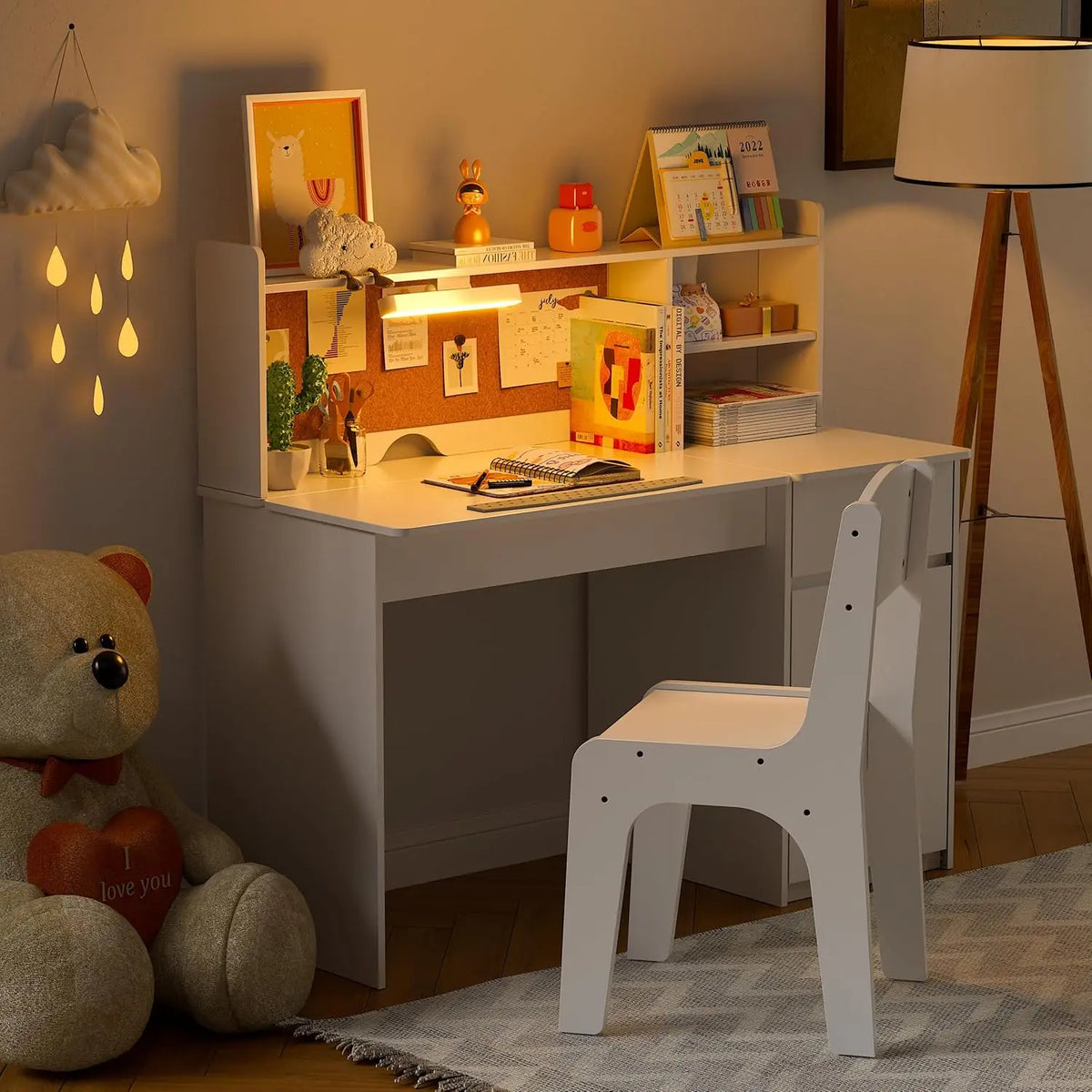 Kids Study Desk Chair Set Children Table Three Color Lights Tiltable Desktop Multi Functional Children Wooden Student Writing De