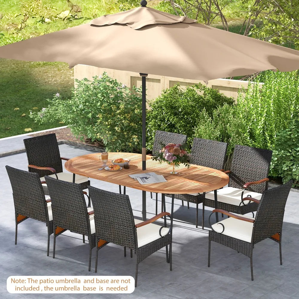 9 PCS Acacia Wood Table & 8 Patio Wicker Armchairs Patio Rattan Dining Set