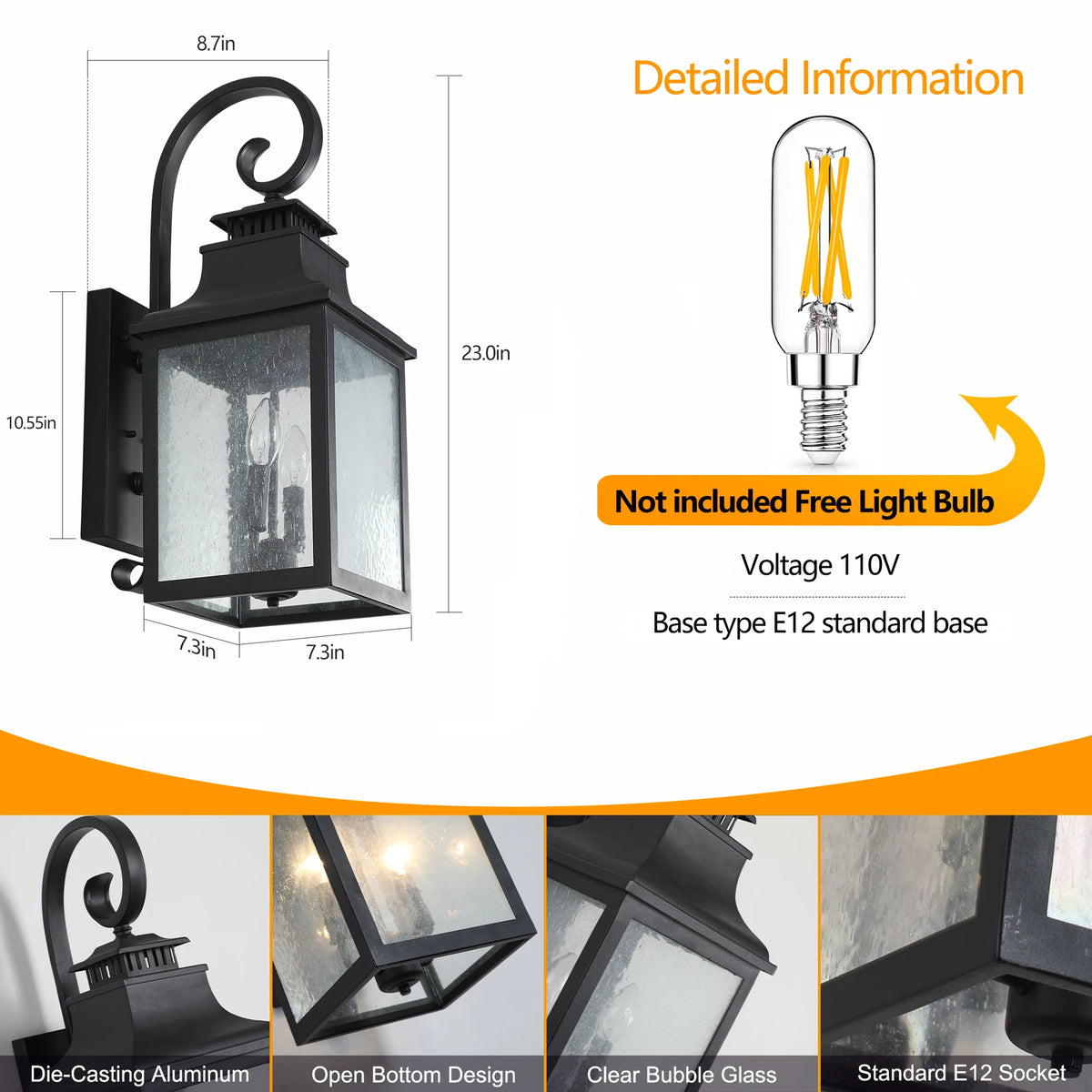 23 in Outdoor wall light fixture made of black metal transparent frosted glass, suitable for porch, terrace, garage, garden