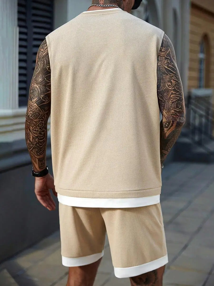 Beige Waffle Knit Sleeveless Tank Top and Shorts Set for Men, Casual Summer Two-Piece Outfit