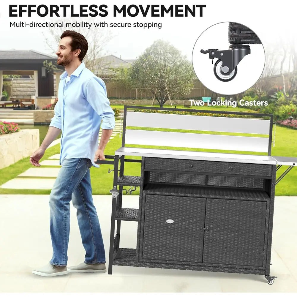 Outdoor Kitchen Island with Bar Table, Storage Cabinet, Stainless Steel Top, Wheels, and Side Handle in Brown