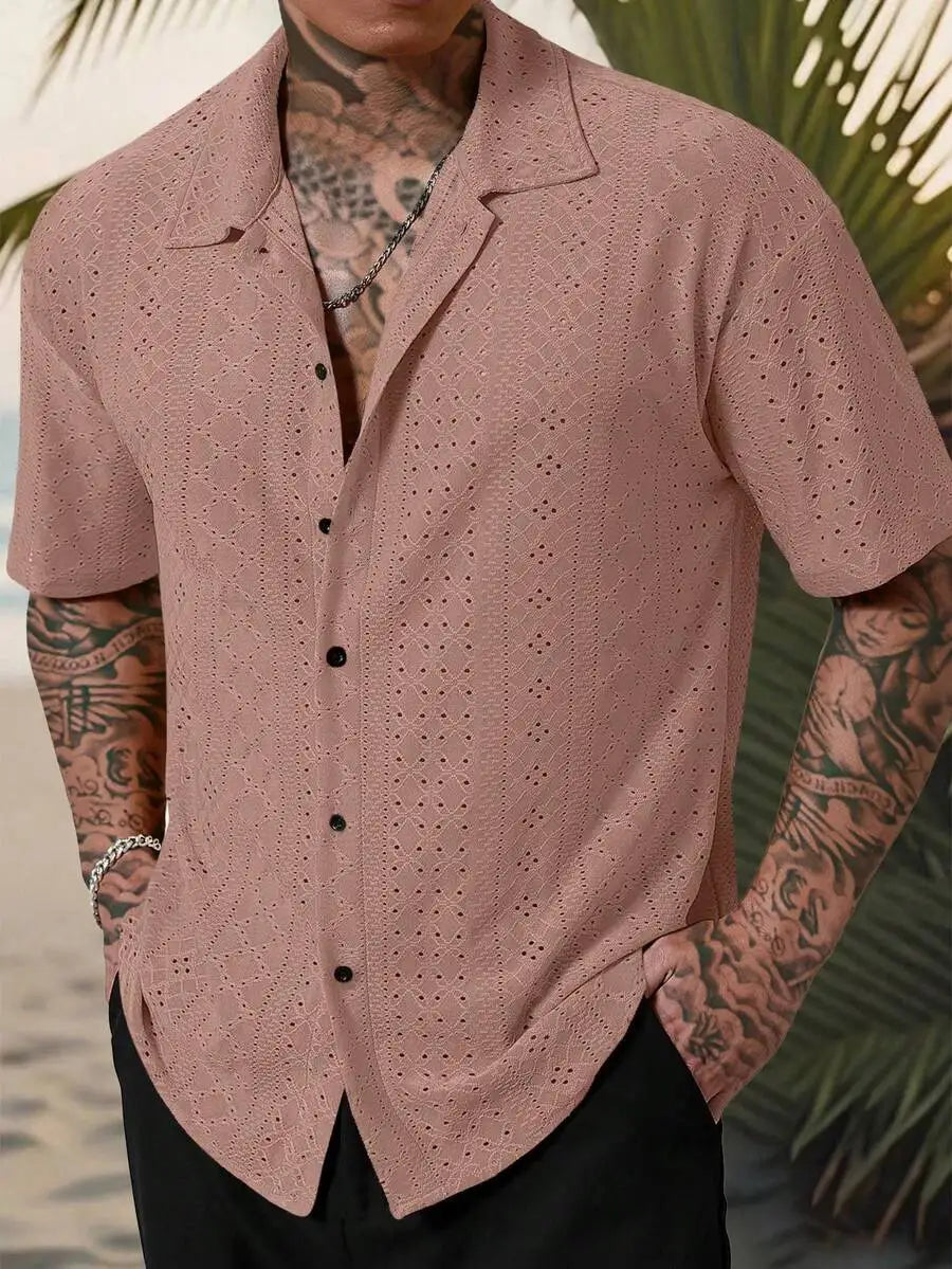 Men's Yellow Eyelet Lacework Short Sleeve Button-Down Casual Shirt