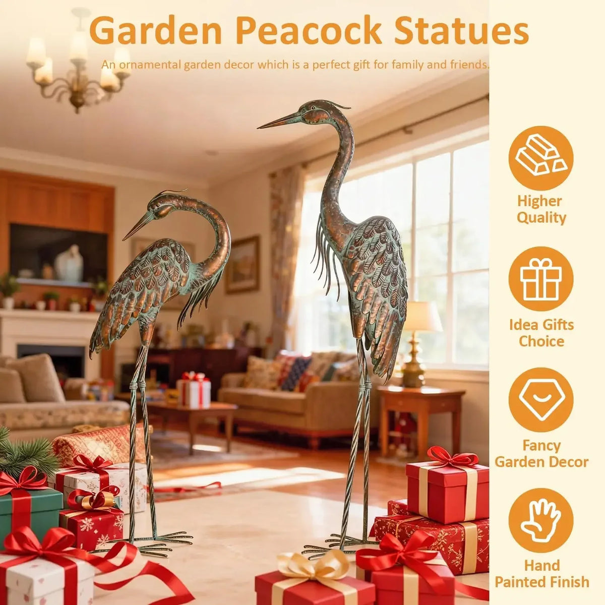 Garden Crane Statues, Standing Metal Patina Heron Decoy Outdoor Statue, 42-46 Inch Bird Yard Art for Patio Lawn Pond, Set of 2