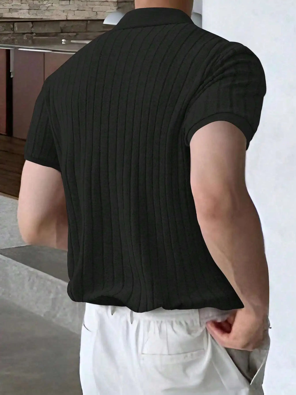 Men's Olive Green Ribbed Knit Polo Shirt, Short Sleeve, Casual Style