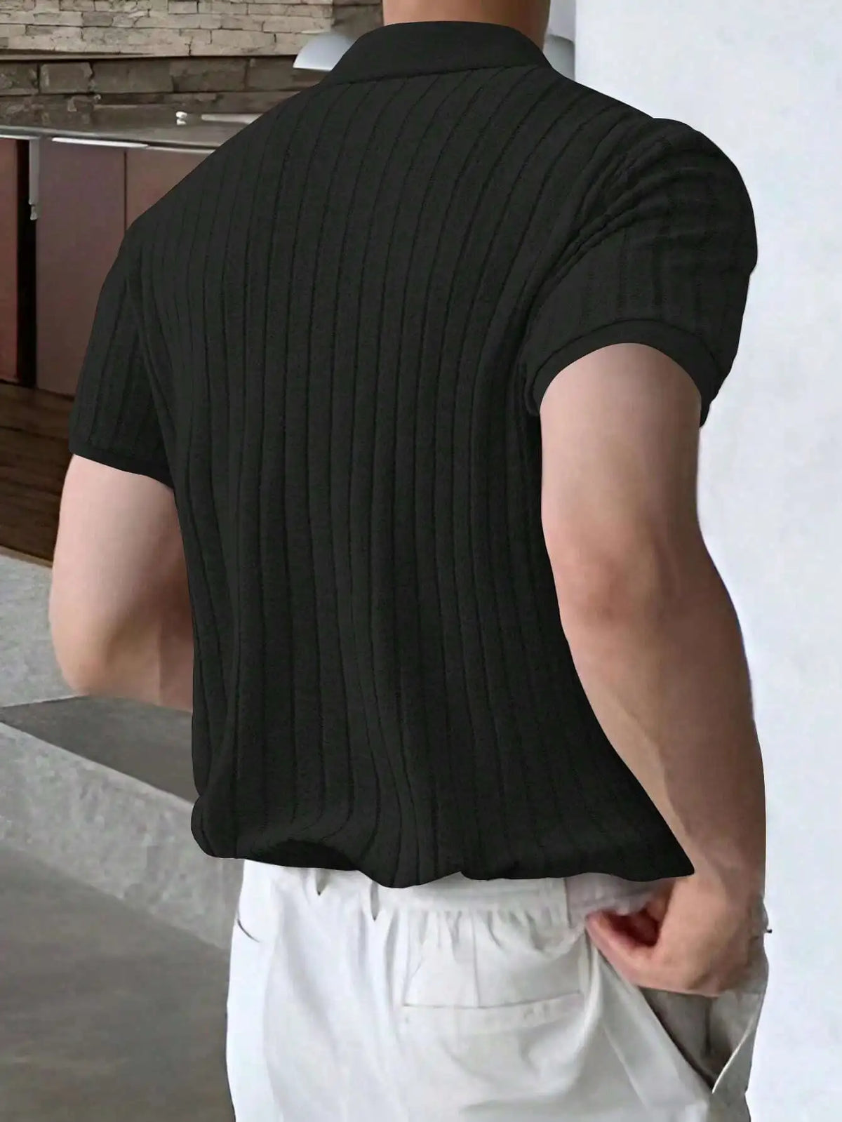 Men's Olive Green Ribbed Knit Polo Shirt, Short Sleeve, Casual Style