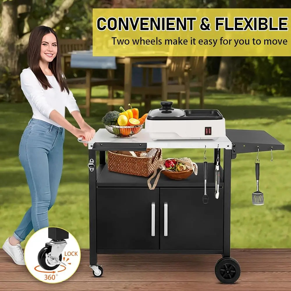 Portable Outdoor BBQ Cart with Storage, Rolling Kitchen Island, Foldable Dining Table, Spice Rack, Hooks, Bottle Opener, and Gri
