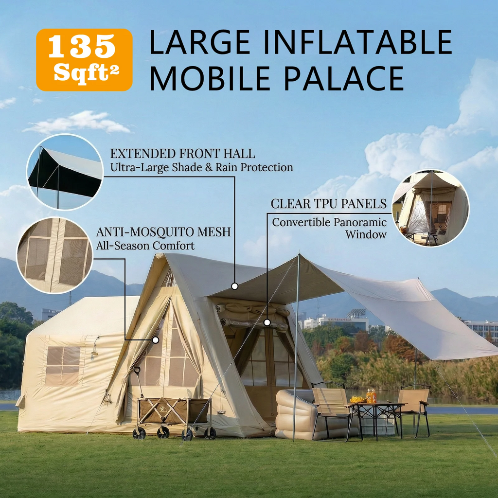 6-8 Person Large Inflatable Camping Tent, 4 Season Blow Up Tents with Rainfly, Luxury Inflatable Tent House with Stove Jack