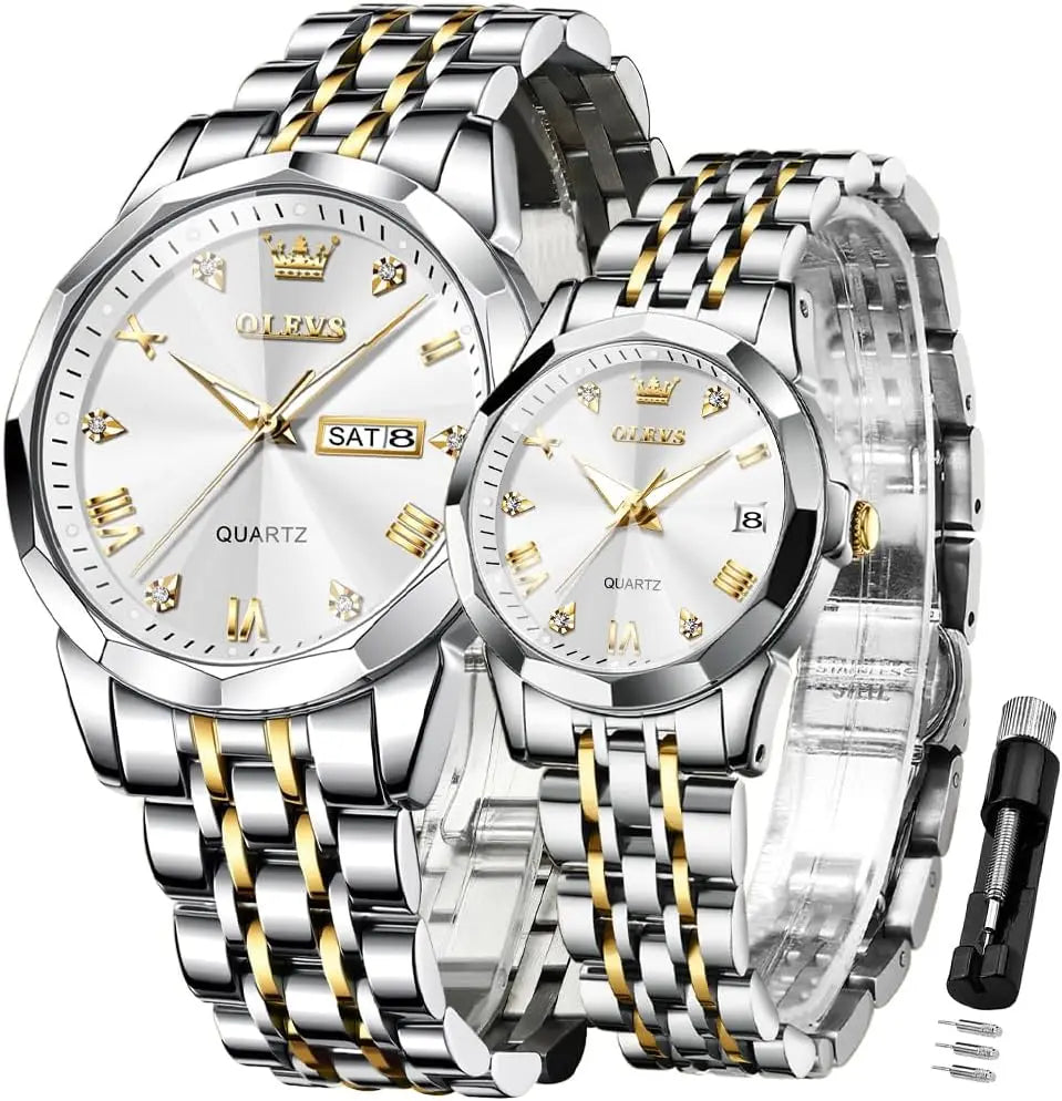 Valentine's Couple Watches Set, Luminous Calendar Date, 3ATM Waterproof Stainless Steel for Men and Women Romantic Gifts