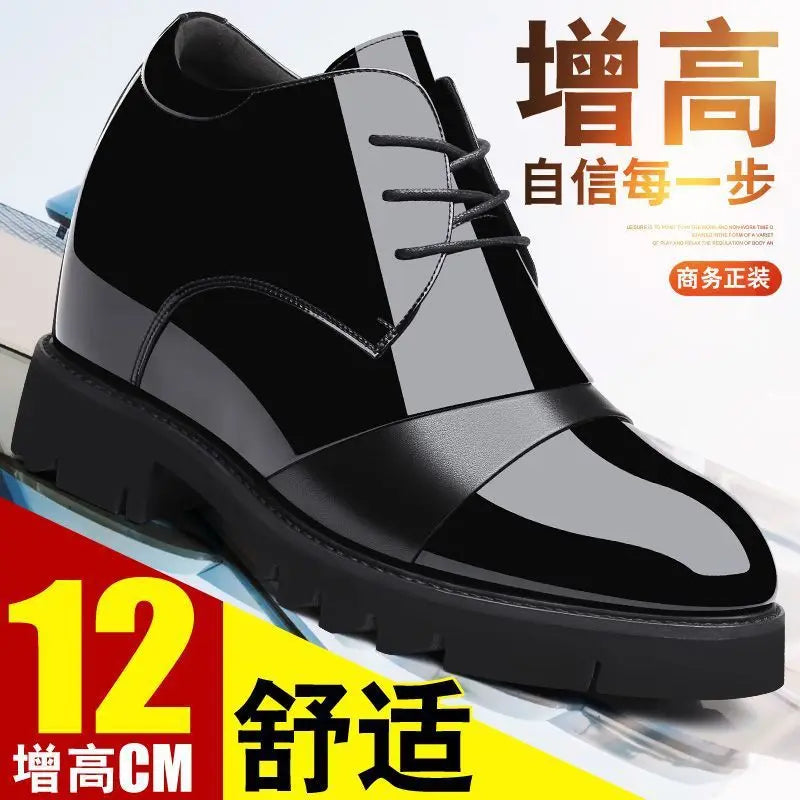2026 New Men's 12cm Hidden Heel Dress Shoes Patent Leather Business Formal Shoes 10cm Thick Sole Wedding Shoes