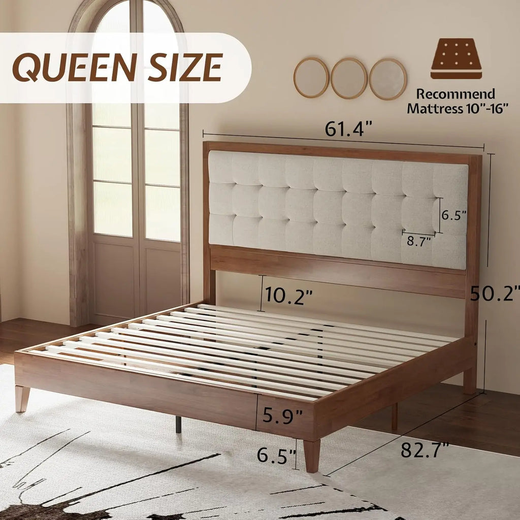 Solid Wood Queen Size Bed Frame 50.2" Tall Upholstered Headboard, No Box Spring Needed, Walnut, Customized