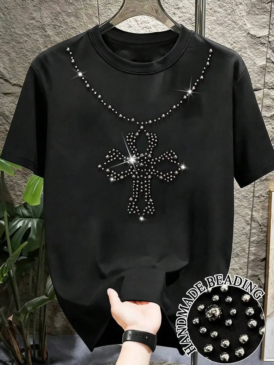 Men's Black Short Sleeve T-Shirt with Sparkling Rhinestone Dot Pattern, Casual Loose Fit