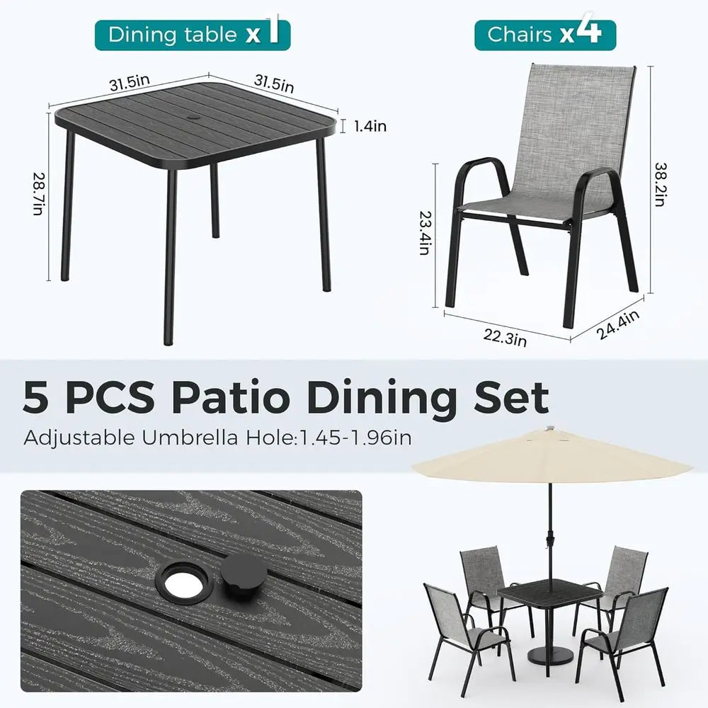 Outdoor Dining Sets or 4, Square Steel Slat Table with 4 Textilene Chairs, 5 Piece Patio Table and Chairs Set with Adjustable Um