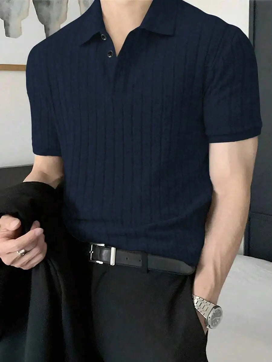Men's Olive Green Ribbed Knit Polo Shirt, Short Sleeve, Casual Style