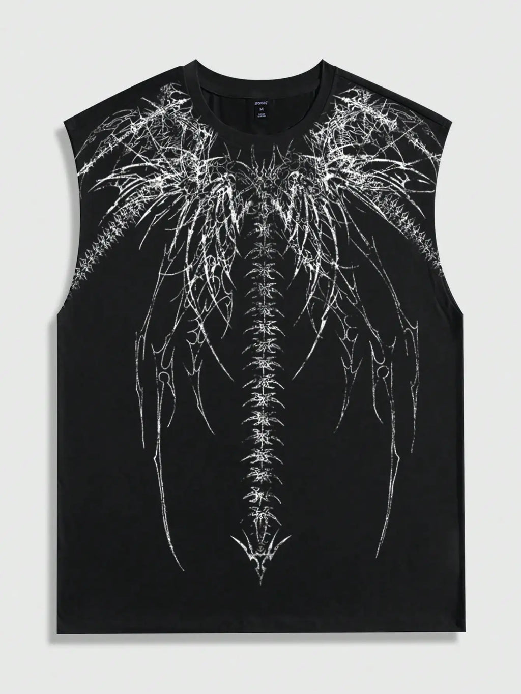 Men's Black Sleeveless Tank Top with Abstract White Graphic Print, Gothic Style, Casual Wear