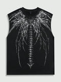 Men's Black Sleeveless Tank Top with Abstract White Graphic Print, Gothic Style, Casual Wear