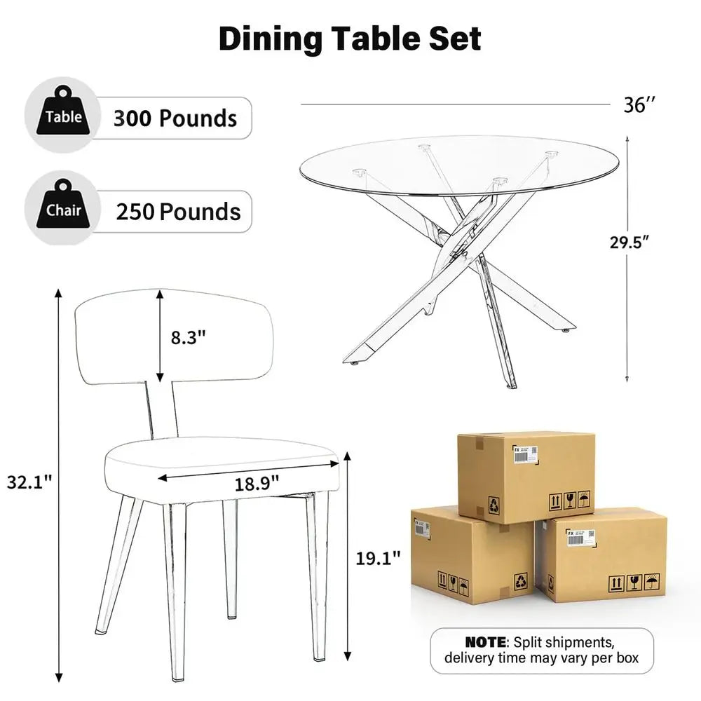 Dining Table Set for 2, 36 Round Kitchen Table with 2 Teddy Boucle Dining Chairs, Tempered Glass Top with Metal LegsAll Black