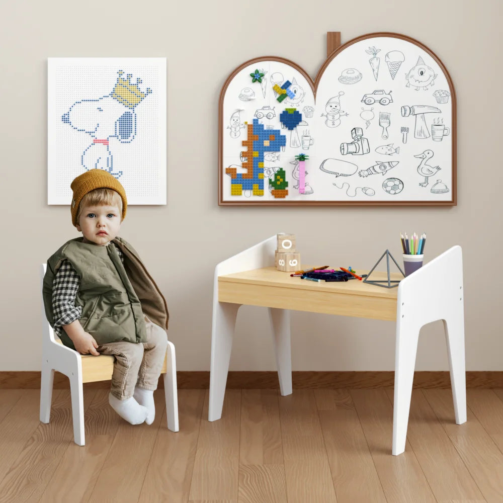 Kids Table Set with One Chair, Wooden Children Study Table, 2-8  Age Kids Funiture , White+Natural