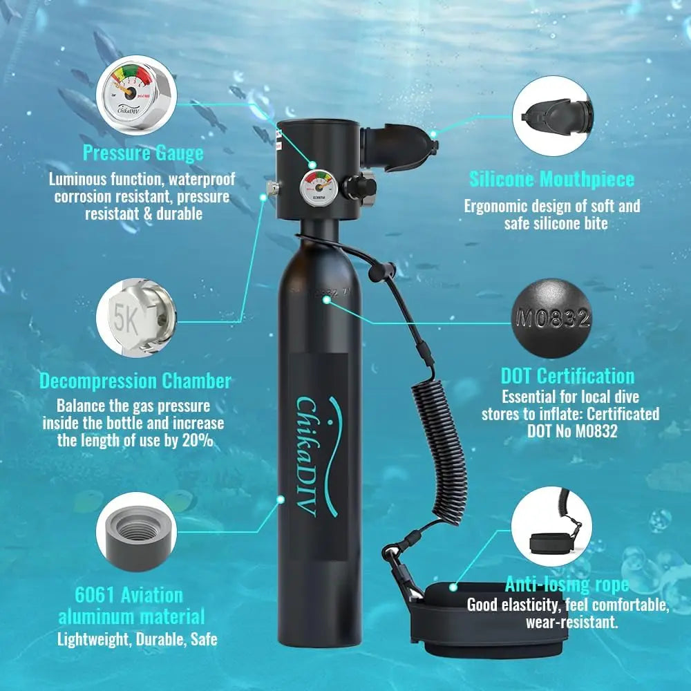 ChikaDiv S300 0.5L diving tank with Rope and Can be used underwater for 5-10 minutes, outdoor leisure swimming gear for gifts