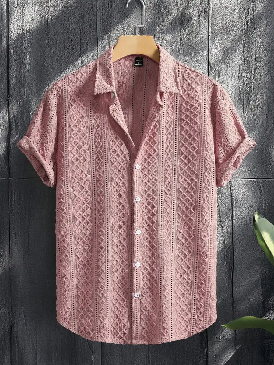 Men's Casual Short Sleeve Shirt with Textured Diamond Pattern, Lightweight Breathable Fabric for Summer Vacation