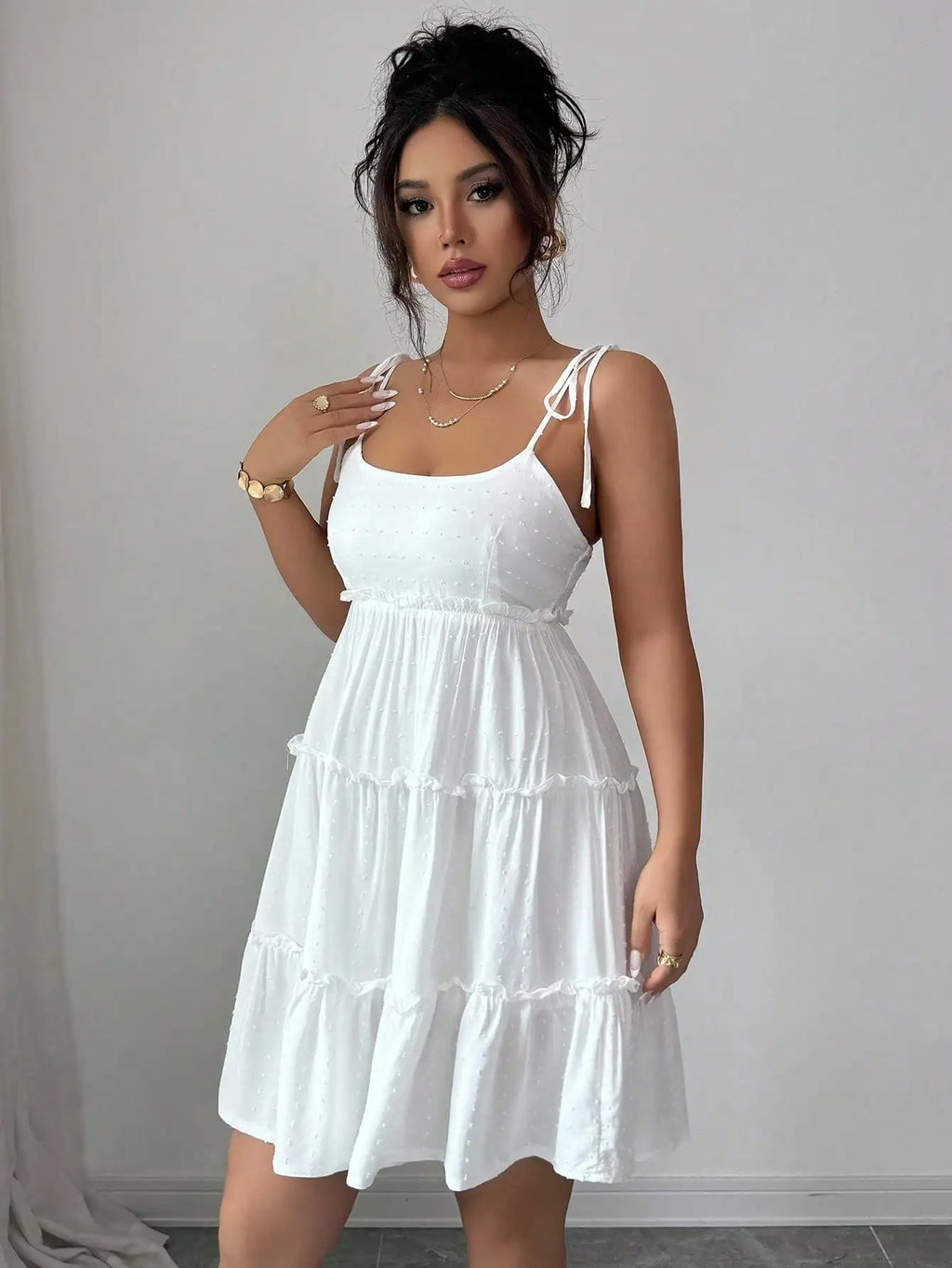 White Swiss Dot Tiered Ruffle Cami Dress for Summer Vacation