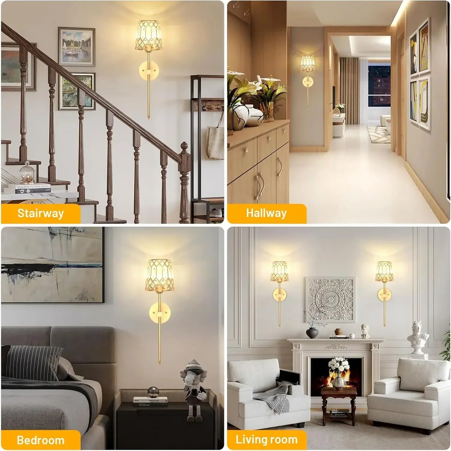 Gold Battery Operated Wall Sconces Set of 2, Crystal Rechargeable Wireless Wall Sconce Light Fixtures for Home Decor, Dimmable 1