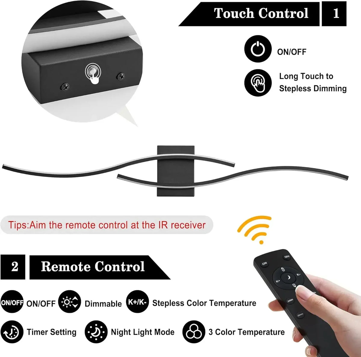 Battery Operated Wall Sconces Set of Two with Remote Control, Dimmable/3 Color/Night-Light/Timer/Memory, Black Modern Wireless L