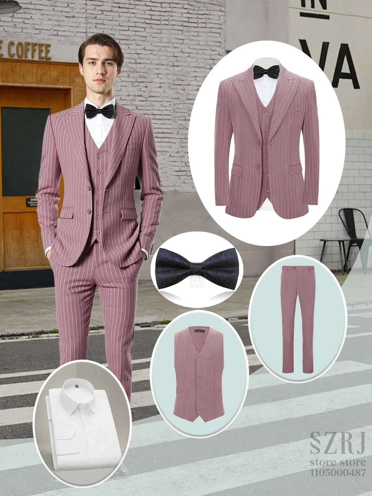 Men's 5-piece vertical striped suit+double button jacket+pants+white shirt+blue tie, suitable for wedding/business/daily wear