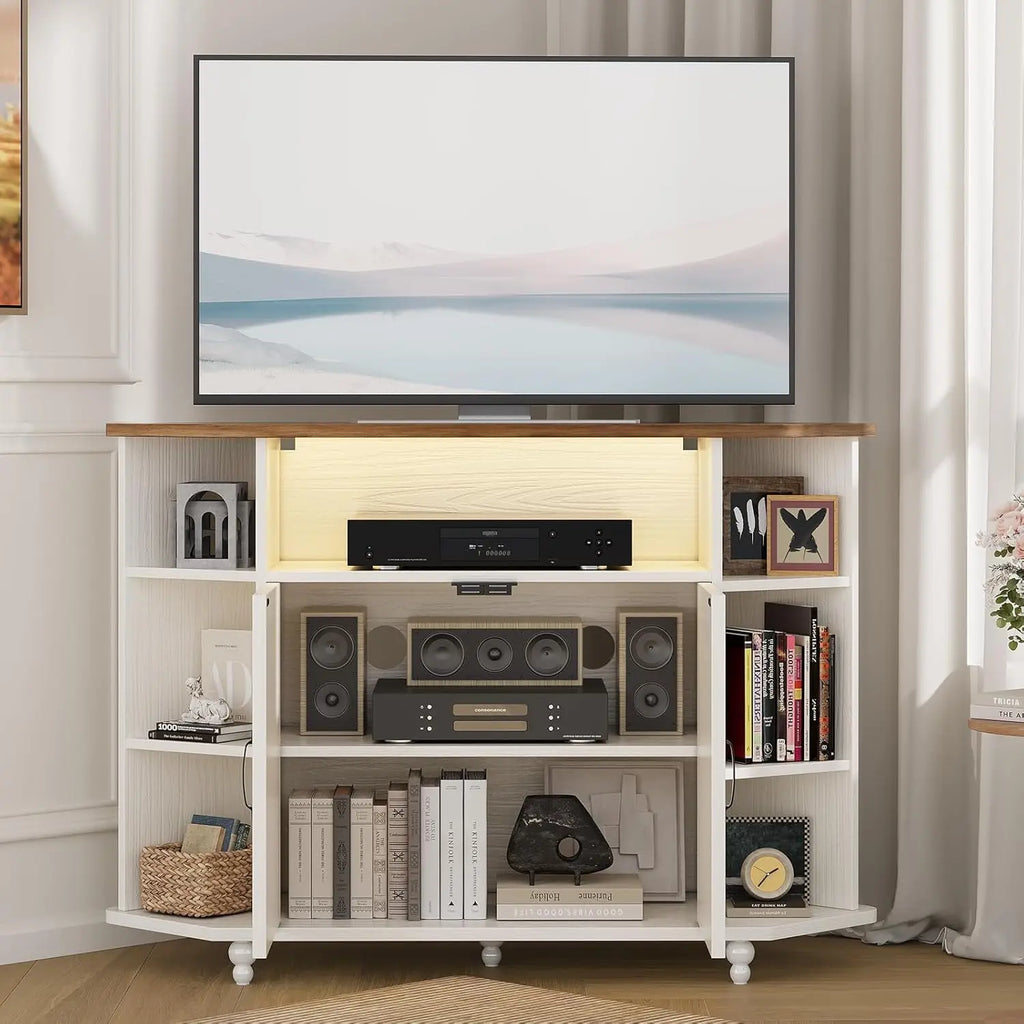 Farmhouse Corner Tv Stand For 50 Inch Tv With Led Lights Adjustable Shelves Barn Doors For Living Room White