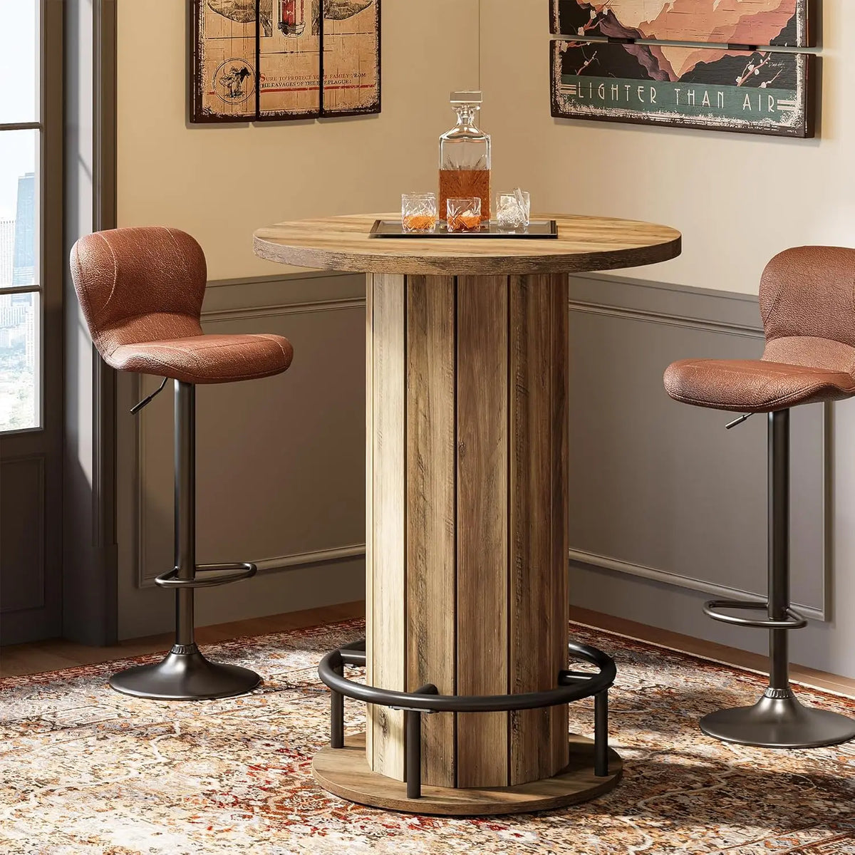 Round Bar Table, 39.4" H Wood Bistro Pub Table with Metal Ring Footrest for Dining Coffee Cocktail Living Room,, Customized