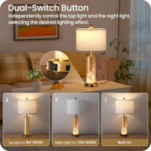 25.6" Gold Table Lamps Set of 2 Tall Bedside Lamps with Nightlight Modern Nightstand Lamp with USB Ports Desk Lamp for Bedroom