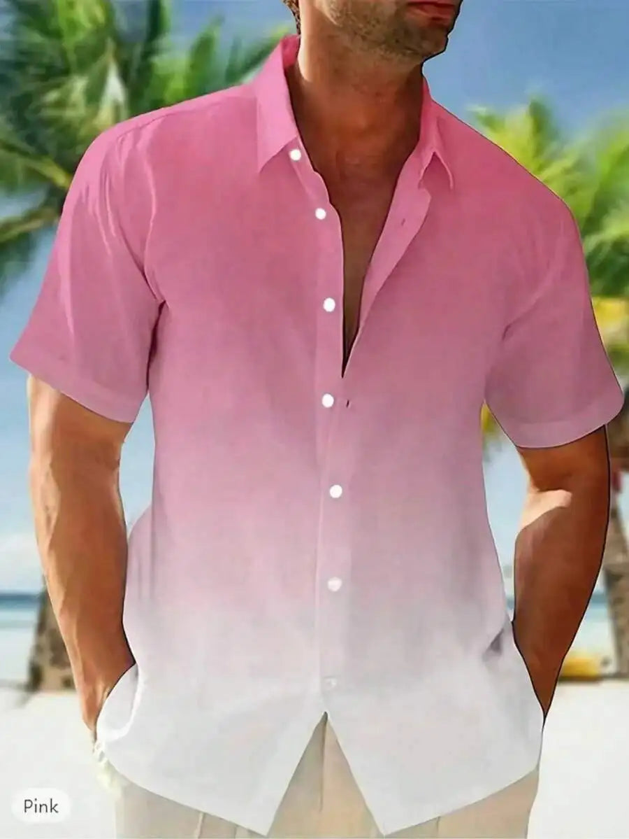Men's Light Blue Ombre Short Sleeve Button-Down Shirt for Summer Vacation