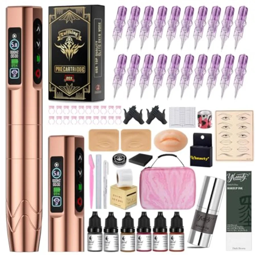 Microblading Kit for Eyebrow Lip Eyeliner Wireless Tattoo Gun with 2 Batteries 20 Needles Rose Gold Professional Semi-Permanent