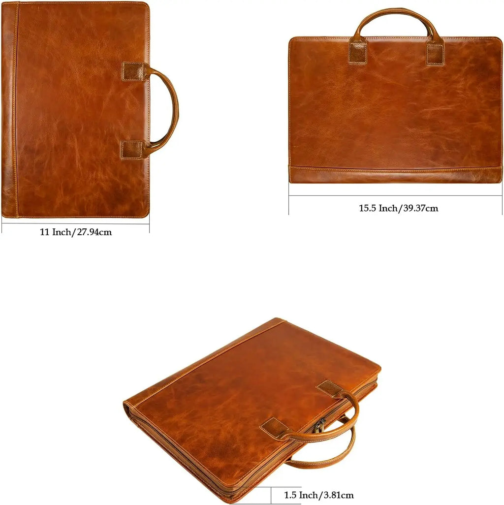Oil Wax Leather Portfolio Organizer with Handle, Personalized Padfolio for Men Women, Fits 15-inch Laptop and Legal Pad