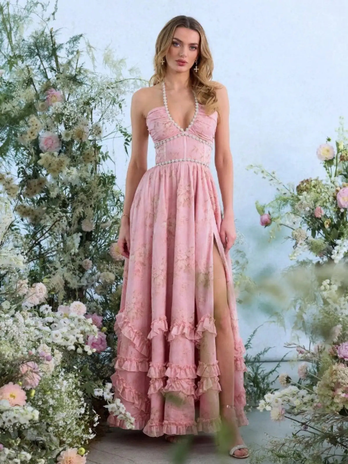 Floral Print Maxi Dress With Halter Neck, Ruffled Hem, High Leg Slit, Fitted Waist, Boho Chic Style