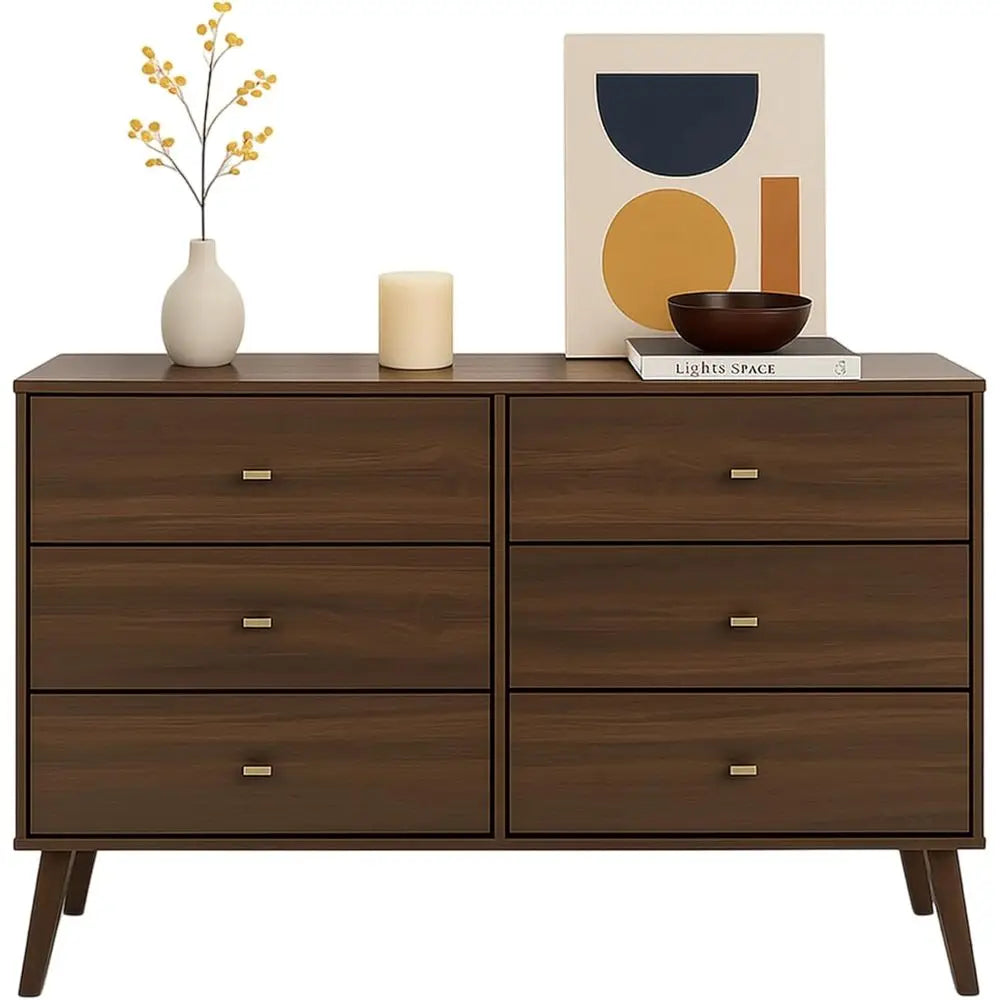6 Drawer Double Dresser with Wide Chest, Contemporary Bedroom Furniture, Cherry Finish