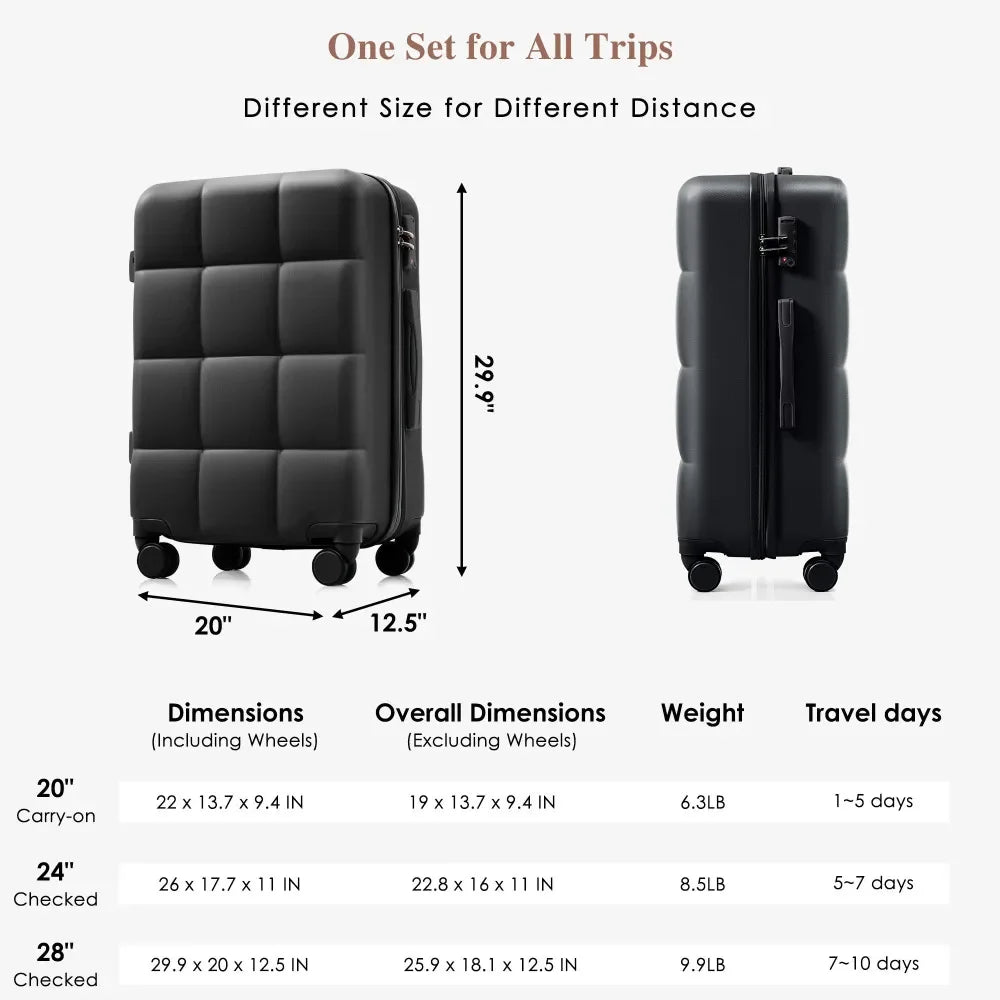 3 Piece Airline Certified Carry-on Luggage Set Cup Holder ABS Hard Shell Spinner Wheels Black Travel Suitcase