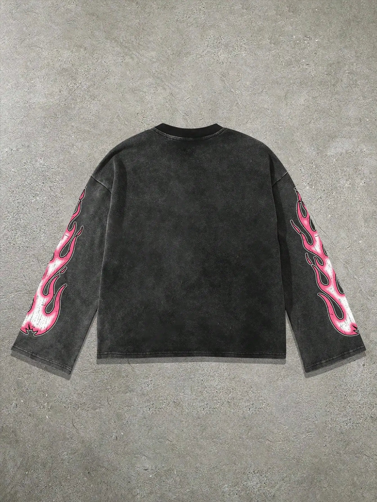 Distressed Black Long Sleeve Tee with Graphic Eye & Pink Flame Print, Gothic Y2K Style