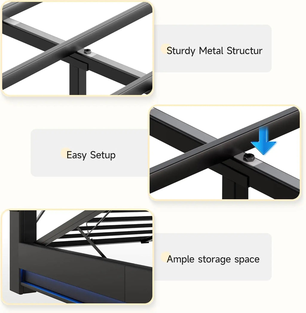 Queen Size Lift-Up Storage Bed Frame with LED Lights, Charging Station & Noise-Free Design