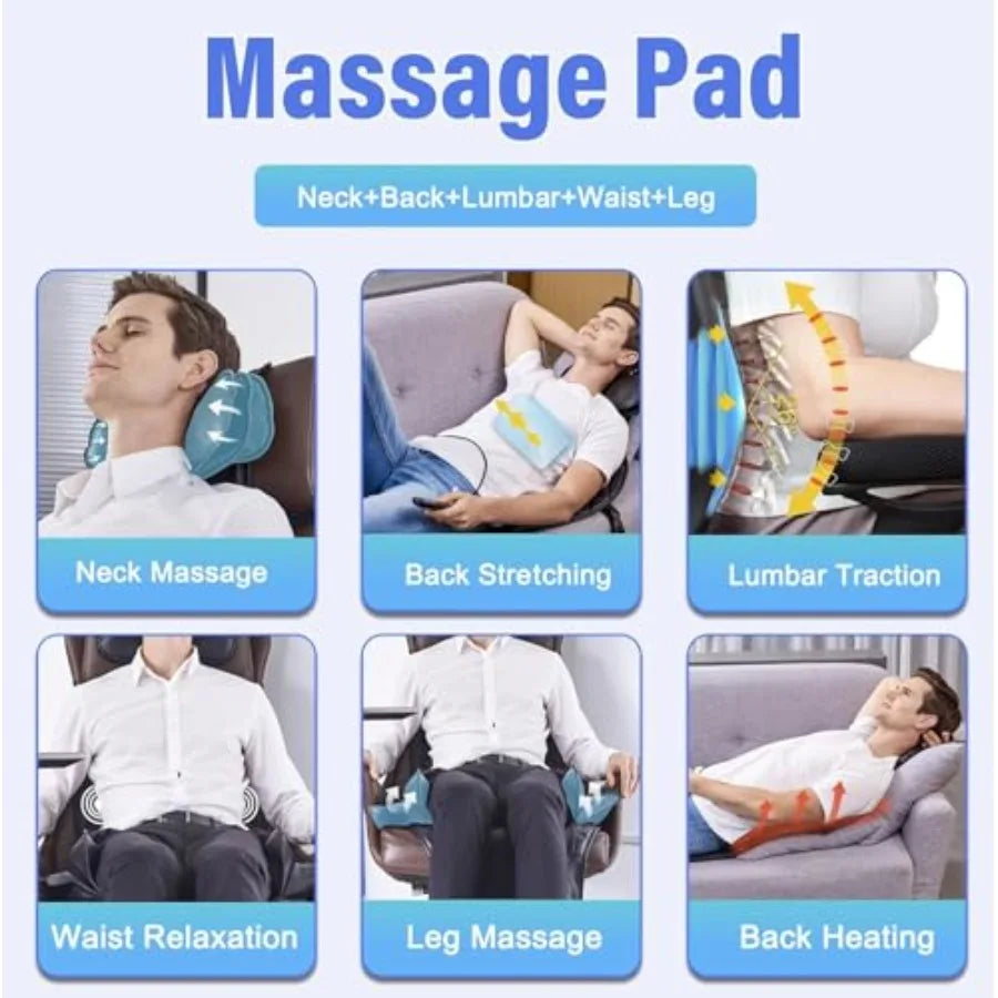 Back Massager with Heat Traction Vibration Seat Massager Pad for Pain Relief Deep Tissue Lumbar Traction PU Leather Foldable fo