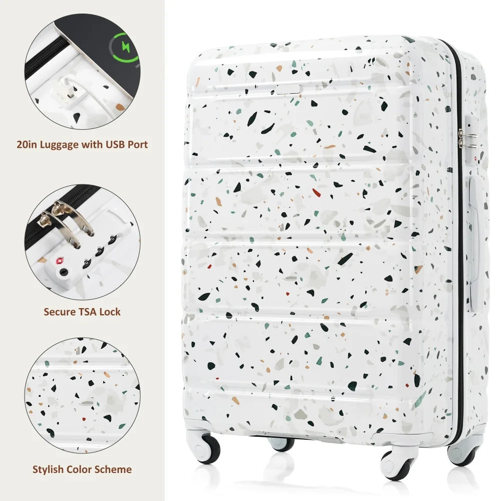 Luggage Set of 3 20-inch USB Port  Airline Certified Carry-on Luggage ABS+PC Hard Shell Luggage Spinner Wheels,starry Sky White