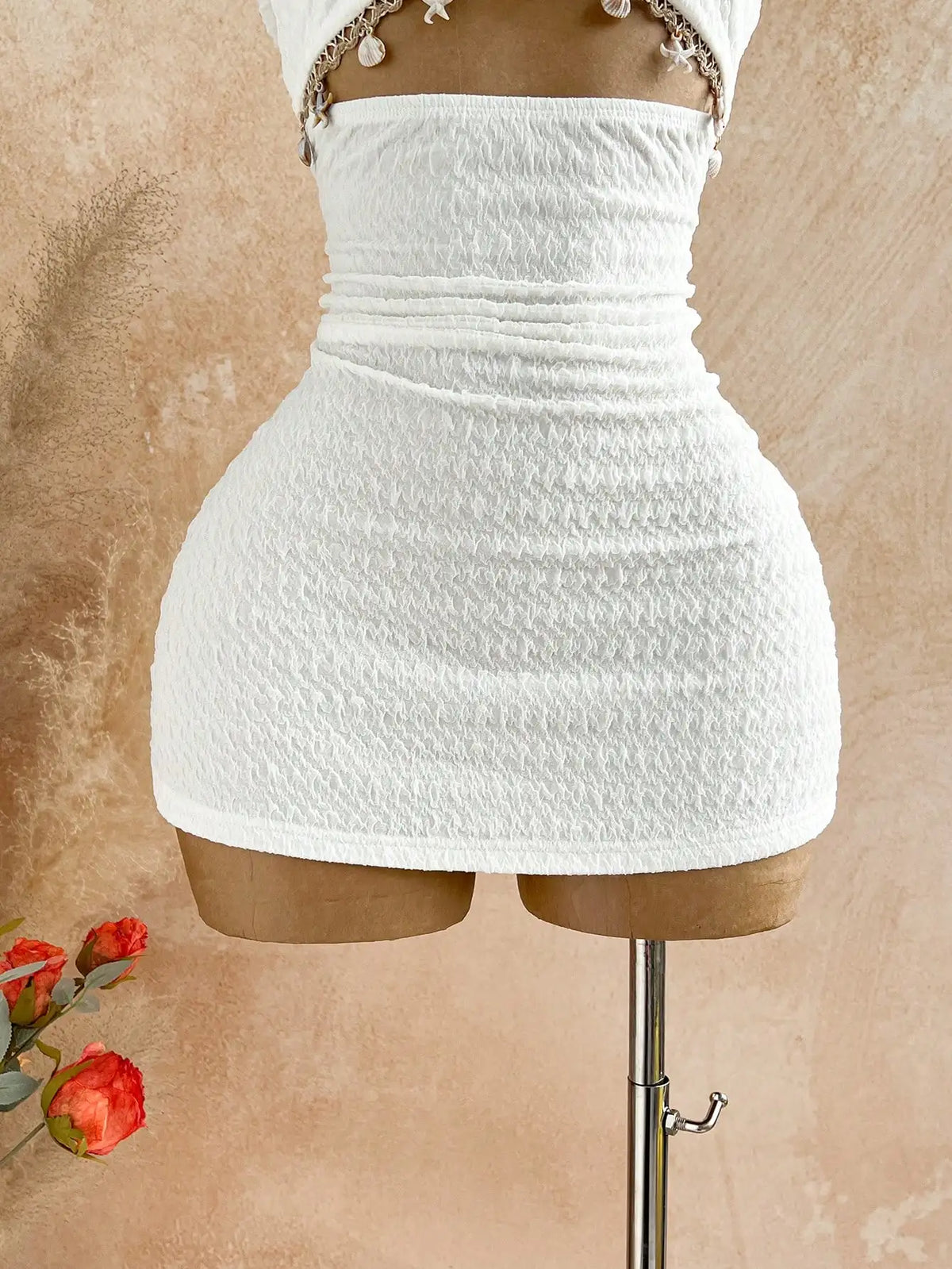 White Textured Halter Neck Mini Dress with Starfish Charms, Boho Beach Style