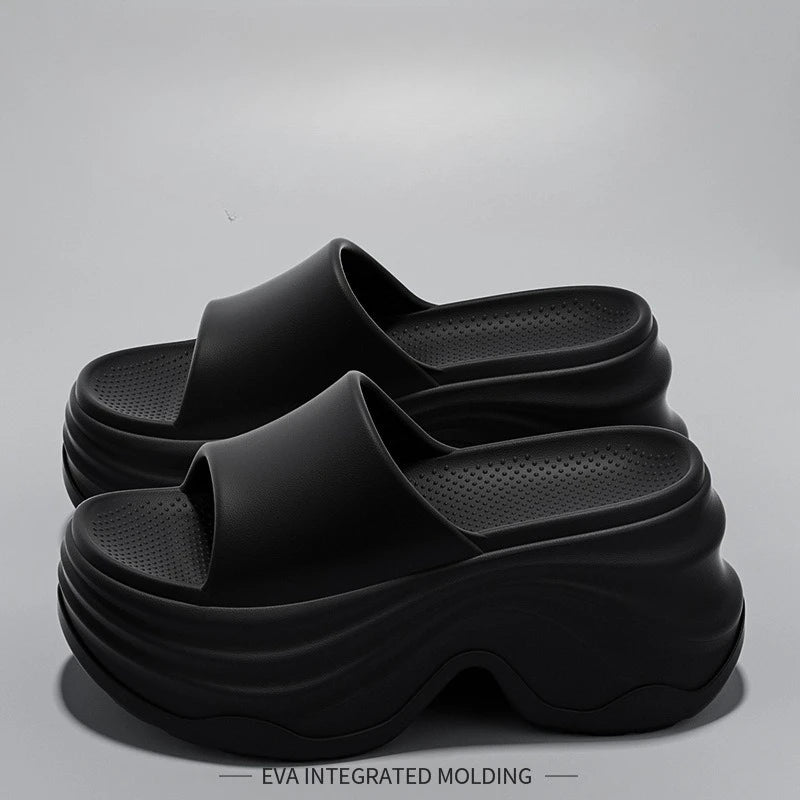 Solid Color Platform Slippers Women Thick Sole Non Slip Beach Slides Sandals Lady Summer Soft Sole Wedge Heel Slipper
