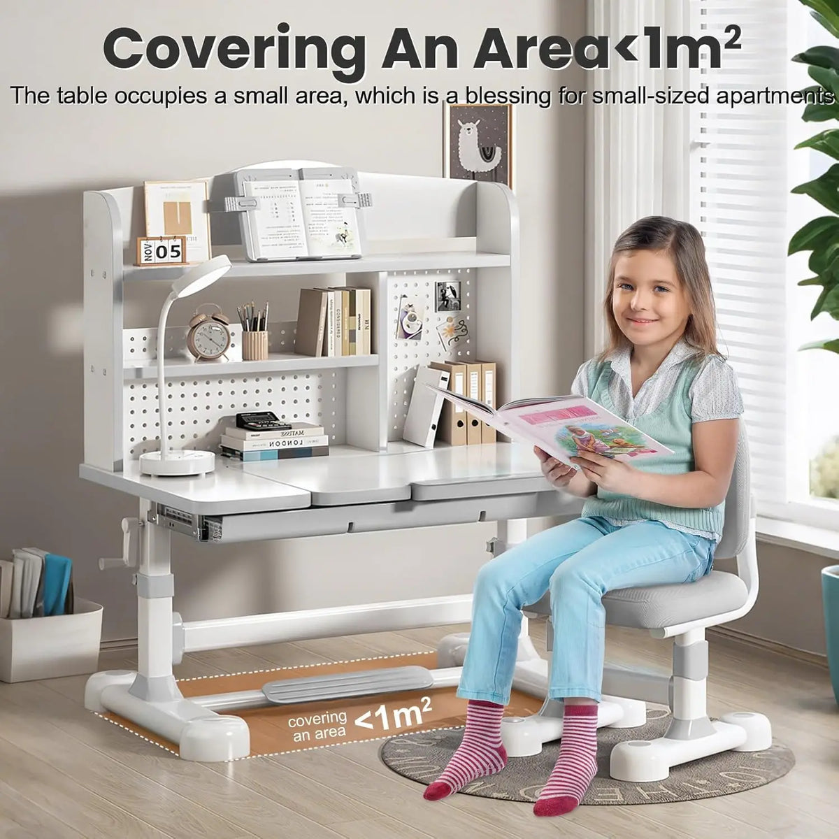 Height Adjustable Desk and Chair Set for Kids, Ergonomic Learning Desk with Tiltable Desktop Hand Crank Children's Study Table w