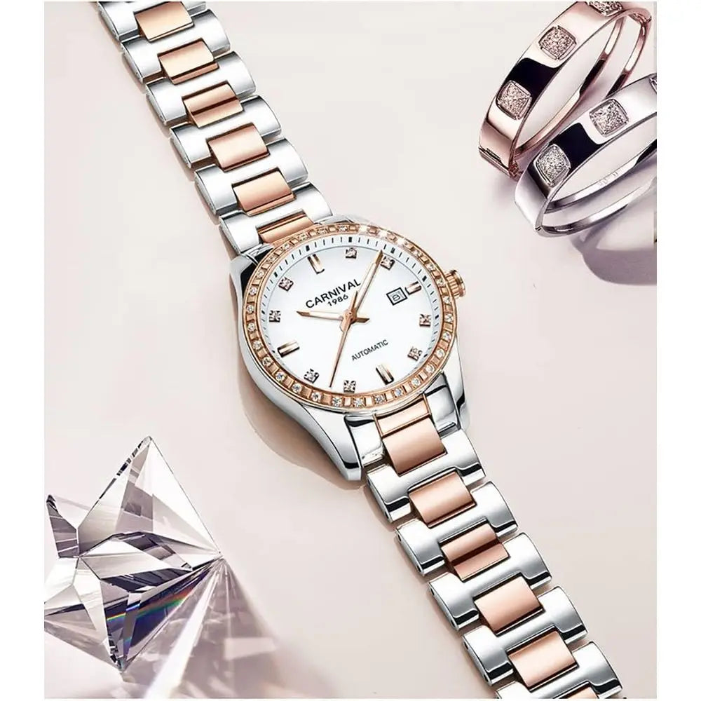 Women's Diamond Automatic Mechanical Rose Gold StainlSteel Sapphire Waterproo Lady's Elegant Blue Watch
