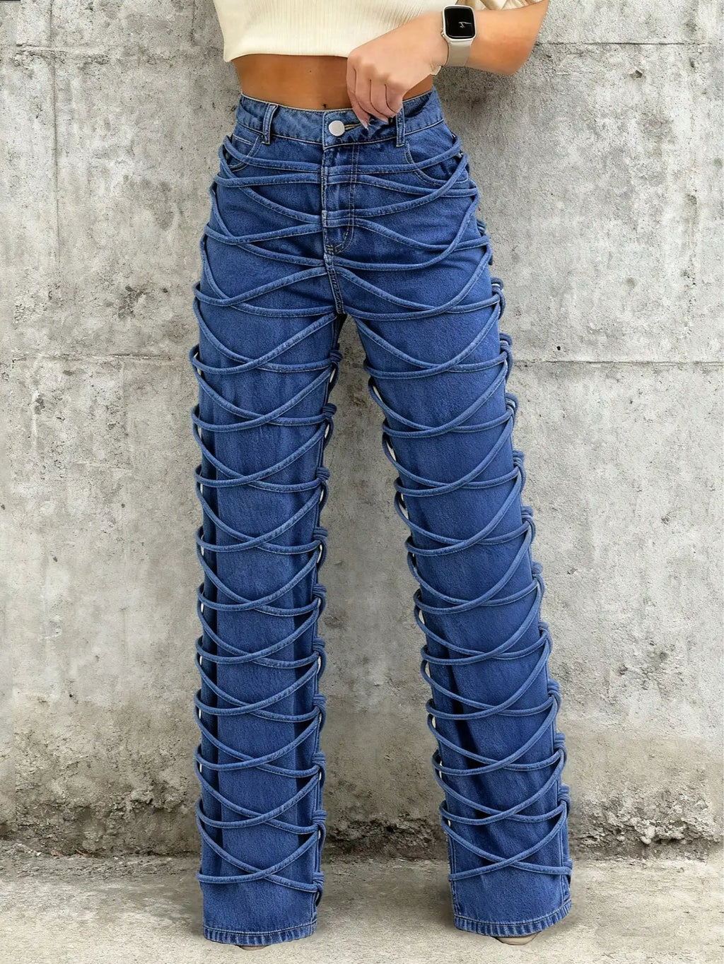 High Waisted Strappy Criss Cross Denim Jeans Medium Wash Stretch Straight Leg For Women
