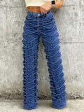 High Waisted Strappy Criss Cross Denim Jeans Medium Wash Stretch Straight Leg For Women