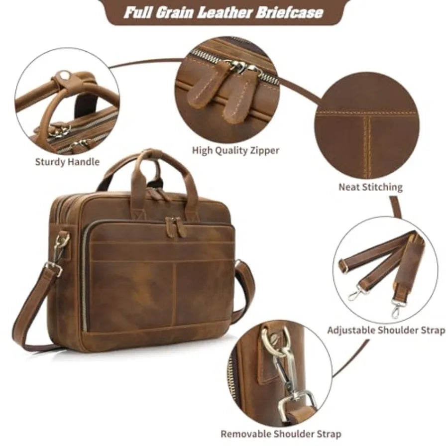 Full Grain Leather Briefcase for Men Business Messenger Bag Laptop Case Fits 15.6 Inch Laptop Brown Premium Quality Durable Des