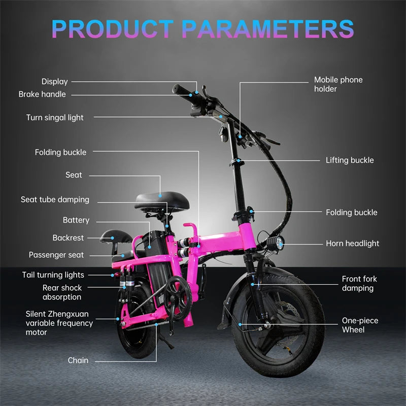 Pink Folding Electric Bike for Adults Teens 500W Peak Motor 48v 20ah Battery Commuter City Ebike