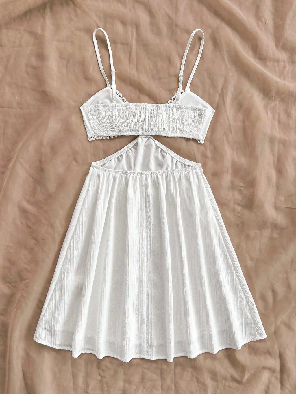 White V-Neck Strappy Hollow Waist Summer Dress for Women, Beach Vacation Style